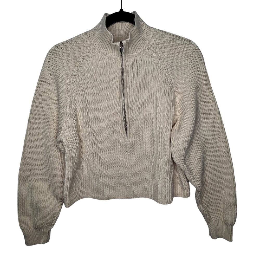 American Eagle 1/2 Zip Fisherman Sweater Cotton Medium Cream Crop Boxy Mockneck